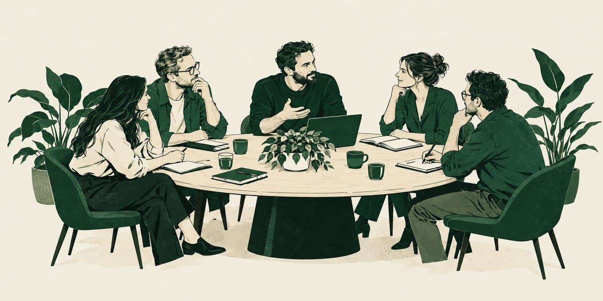 An illustration of agency leaders in conversation around a round table.