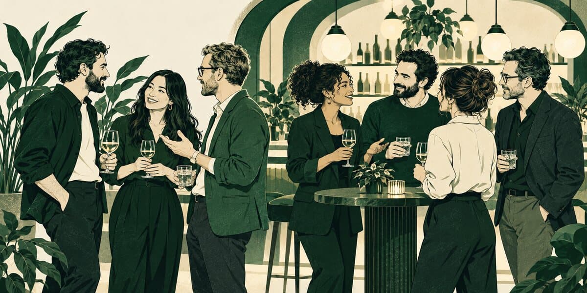 An illustration of technology services leaders talking over drinks at a bar.