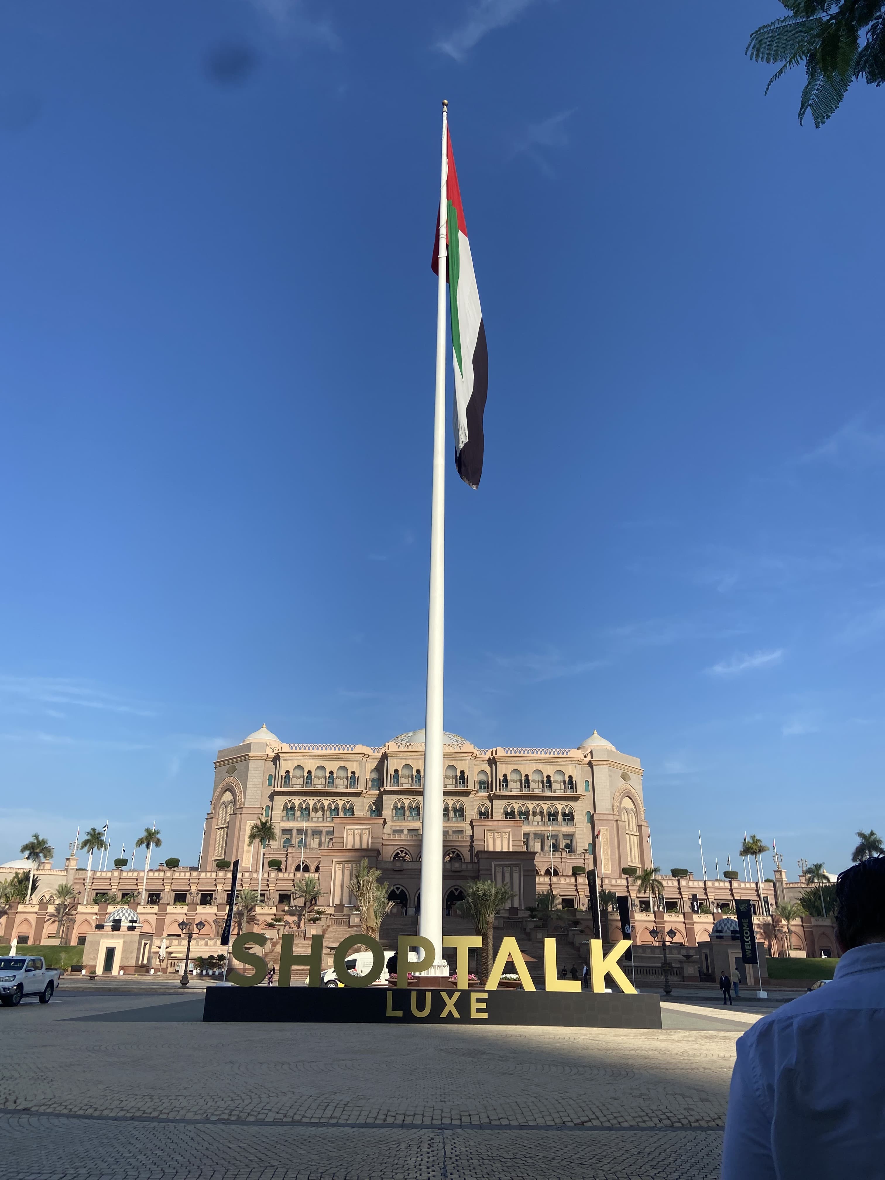 The Shoptalk Luxe sign outside the Emirates Palace, Abu Dhabi.