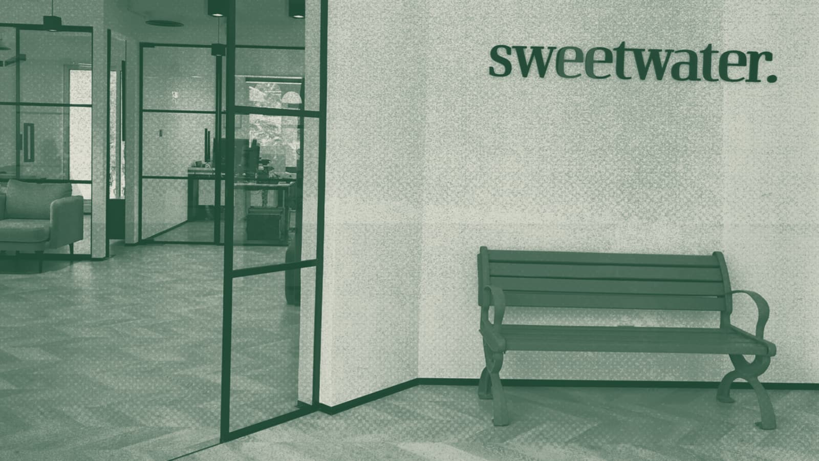 The reception of Sweetwater's studio, their name on the wall.